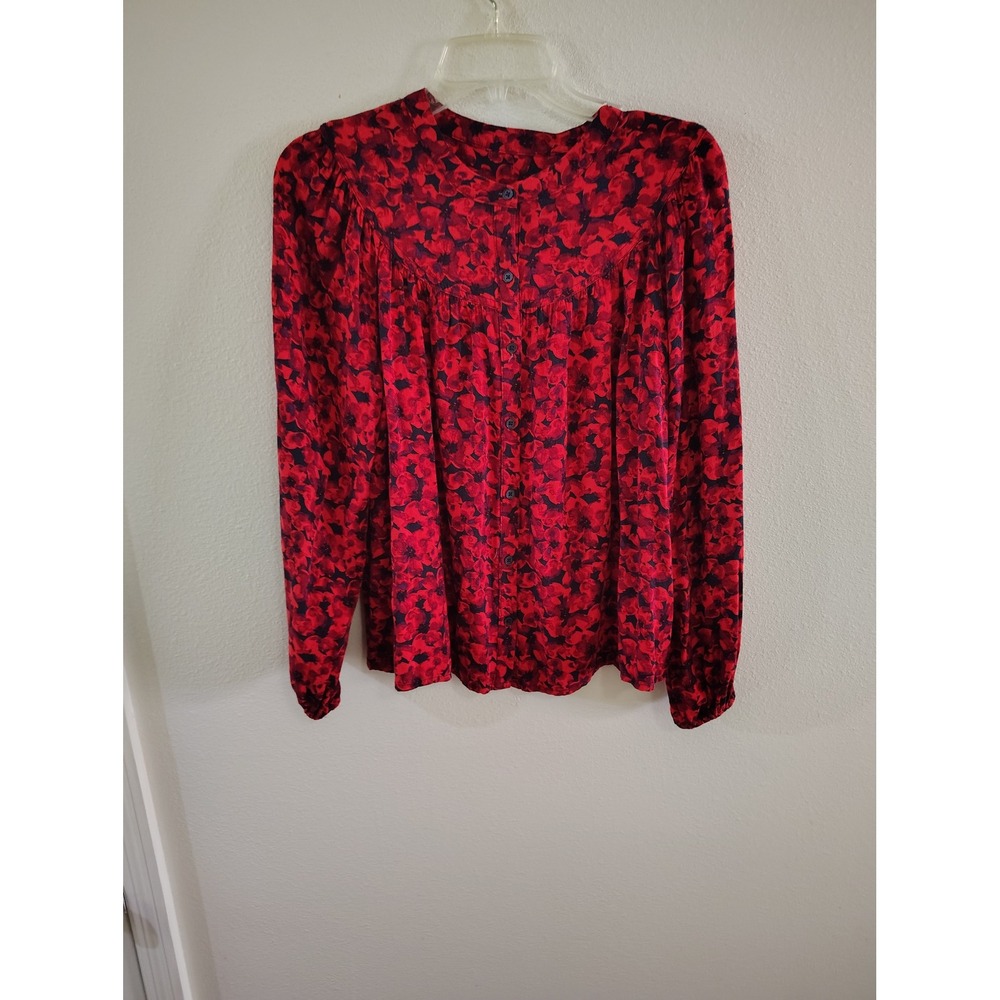 A New Day Red Black Floral Poppy Button Front Blouse Band Collar Long Sleeve S